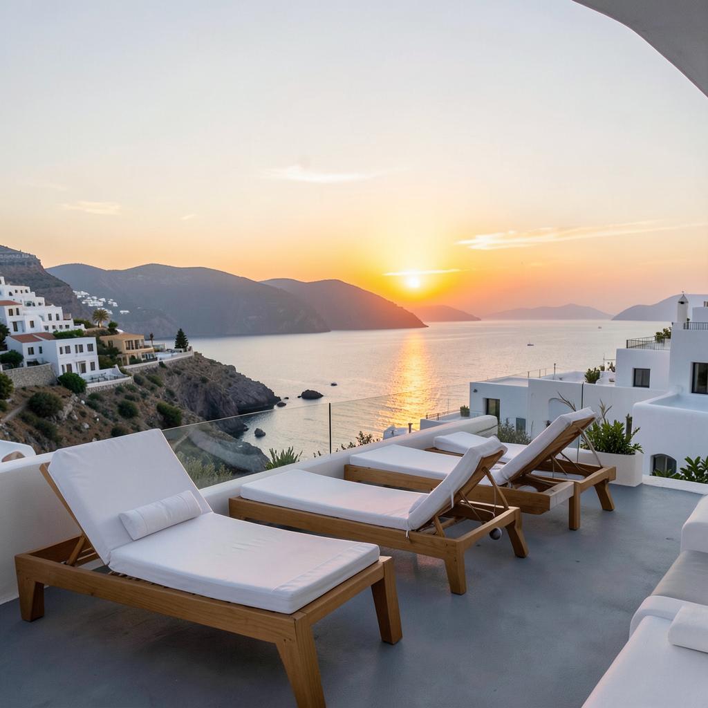 Βεράντα με ξαπλώστρες και ηλιοβασίλεμα στο Αιγαίο